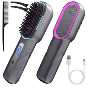 Cordless Hair Straightener Brush Rechargeable Mini Styling Comb with 4 Heating Levels Blue Light Sterilization Single press Stray Hair Removal 20Mins (Option: StraightenerBrush Grey)